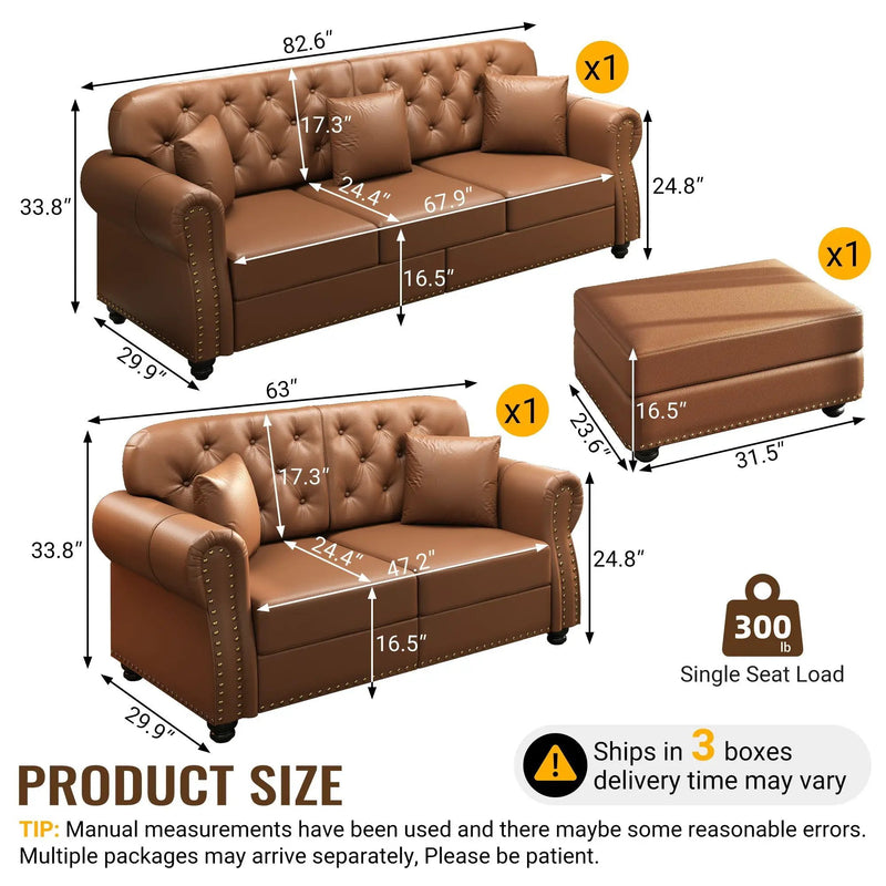 Upholstered Sofa With Nailhead Trim, Rolled Armrests With Ottoman by HouseOfZazla