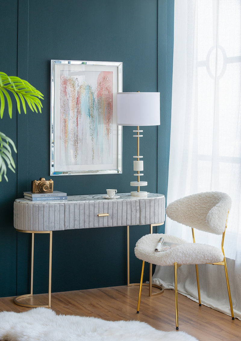 White Marble Table Lamp with Brass Frame and Drum Shade - White, photo 9 of 10