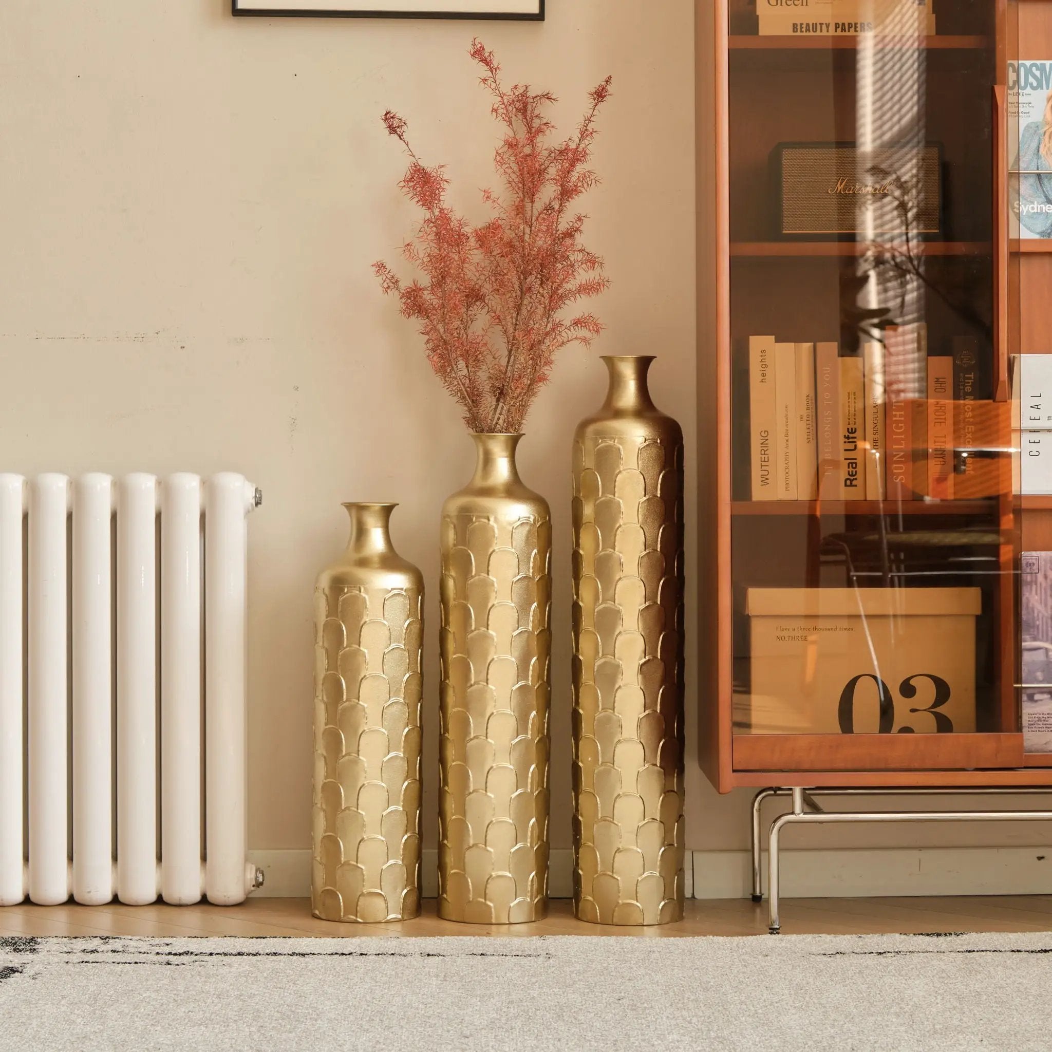 Floor Metal Vases Decorated White Metal Vases (Set of 3) Gorgeous Home Decoration Large Glazed Metal Vases - Golden by HouseOfZazla