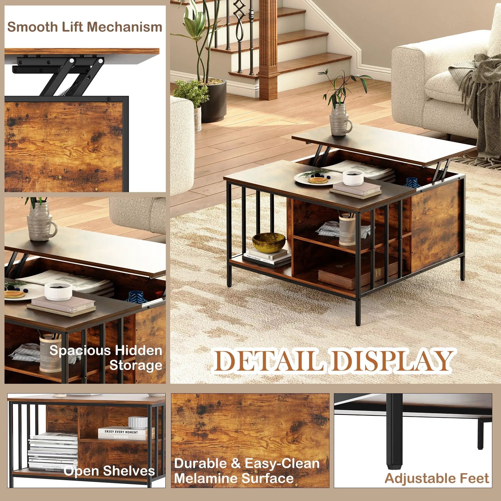 Lift Top Coffee Table With Storage, Adjustable Height Living Room - Black / Brown by Unique Piece Furniture