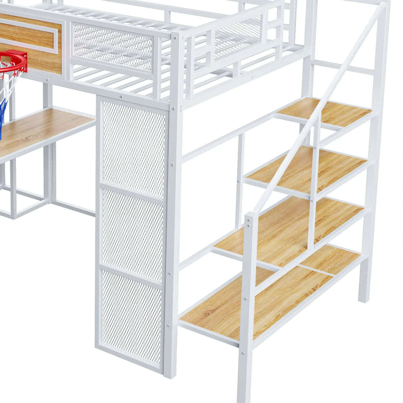 Loft Bed With Built In Desk, Open Wardrobe, Basketball Hoop, Slide And Staircase by HouseOfZazla