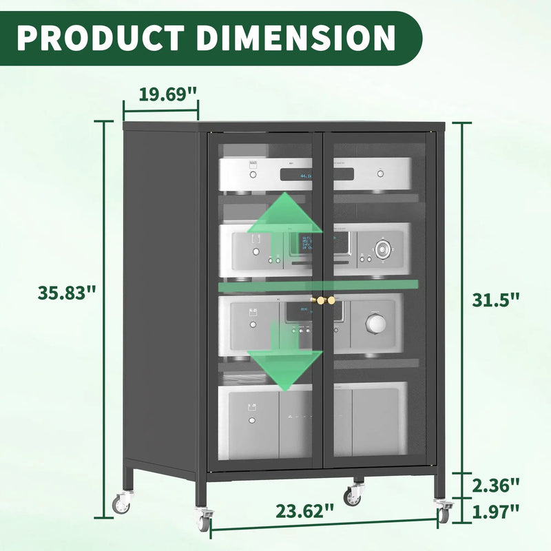 Media Storage Cabinet With Wheels, 4 Adjustable Glass Shelves & Door, Heavy-Duty - Black by HouseOfZazla
