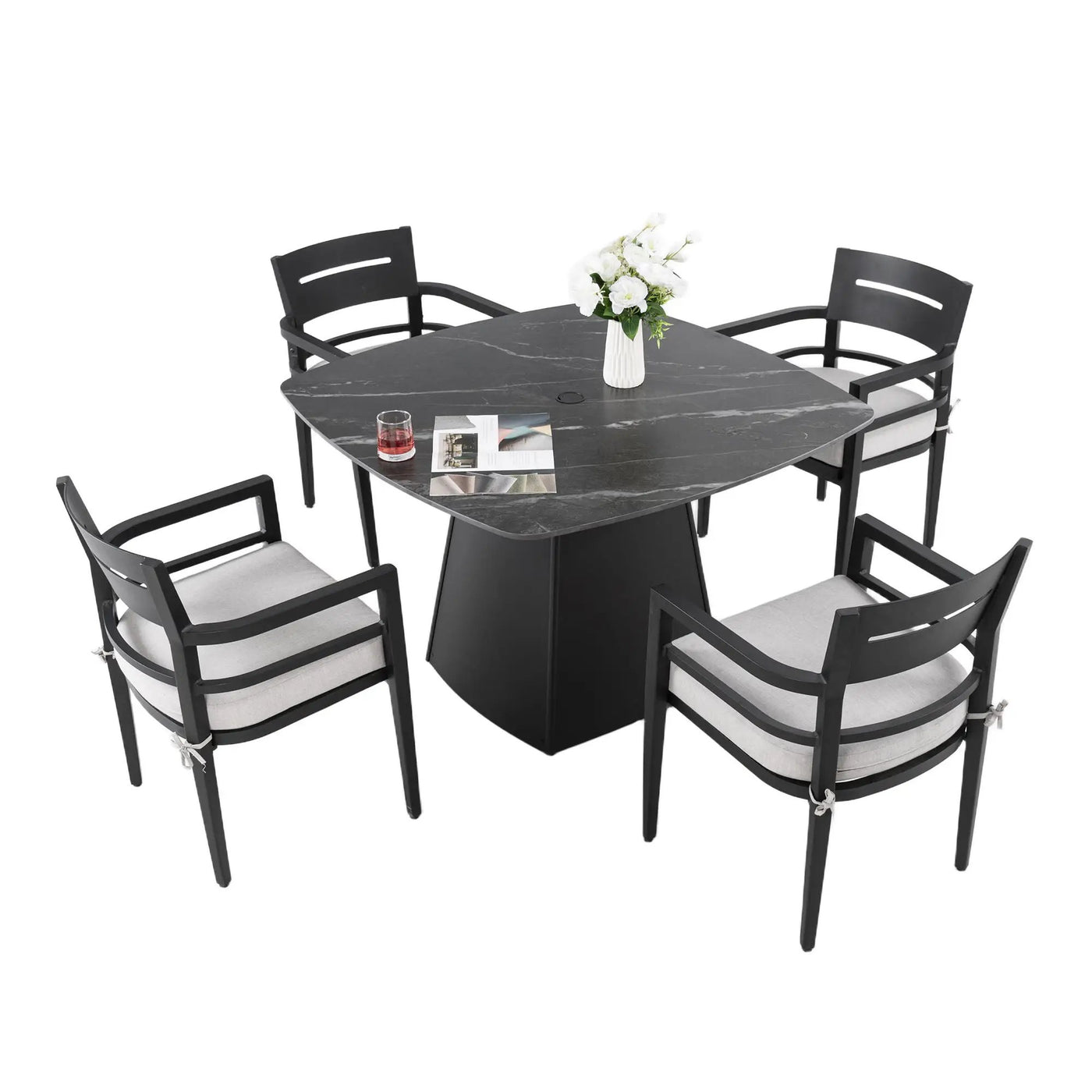Outdoor Patio Dining Set, Squircle Dining Table, Dining Chairs With Sunbrella Cushions by HouseOfZazla