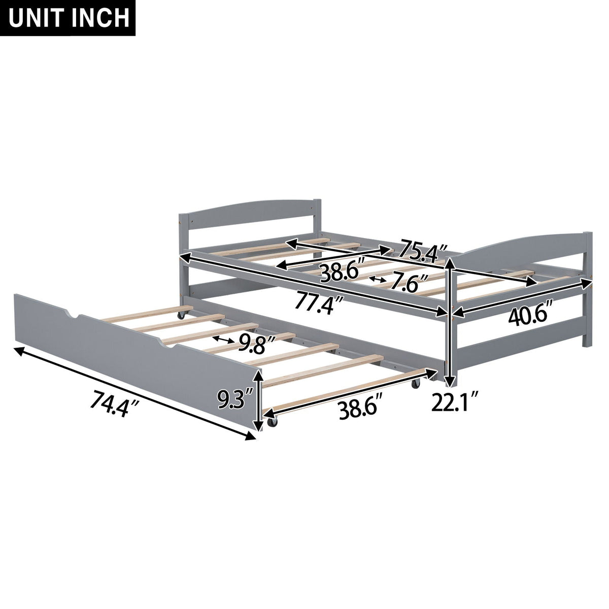 Twin Size Platform Bed with Trundle - Solid Wood Frame - Dark Gray or White, photo 14 of 22