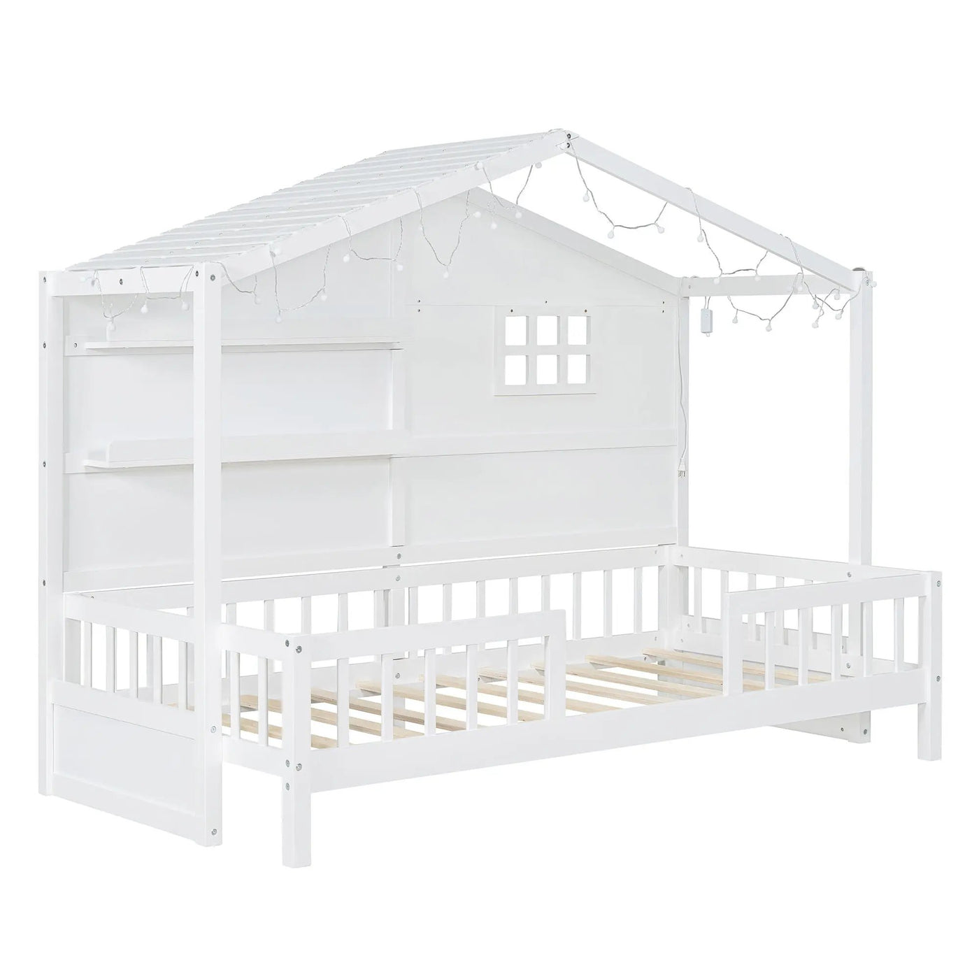House Bed With Shelves, Window And Sparkling Light Strip On The Roof by Unique Piece Furniture