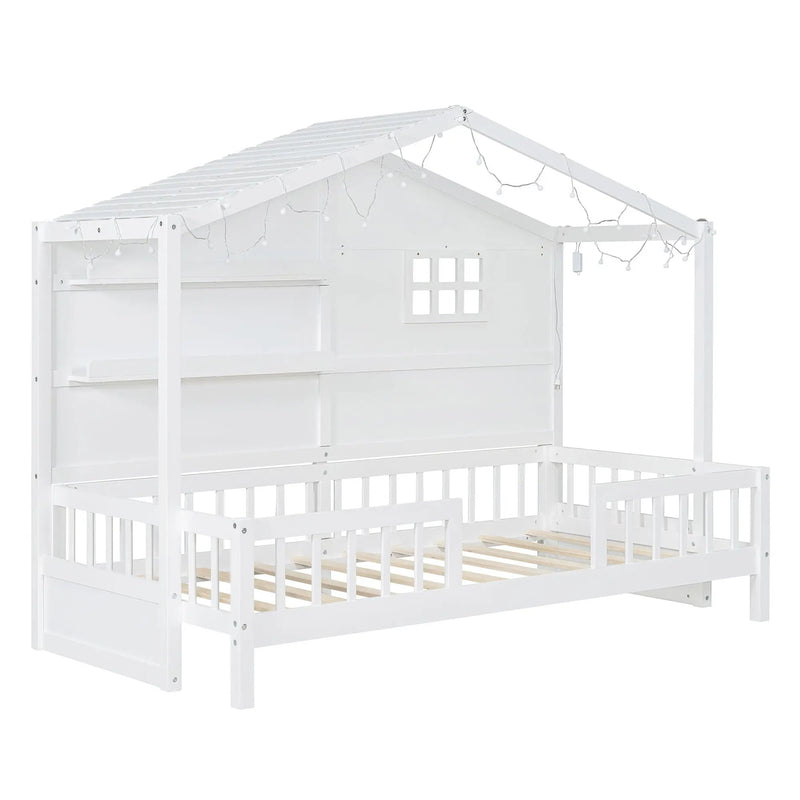House Bed With Shelves, Window And Sparkling Light Strip On The Roof by HouseOfZazla