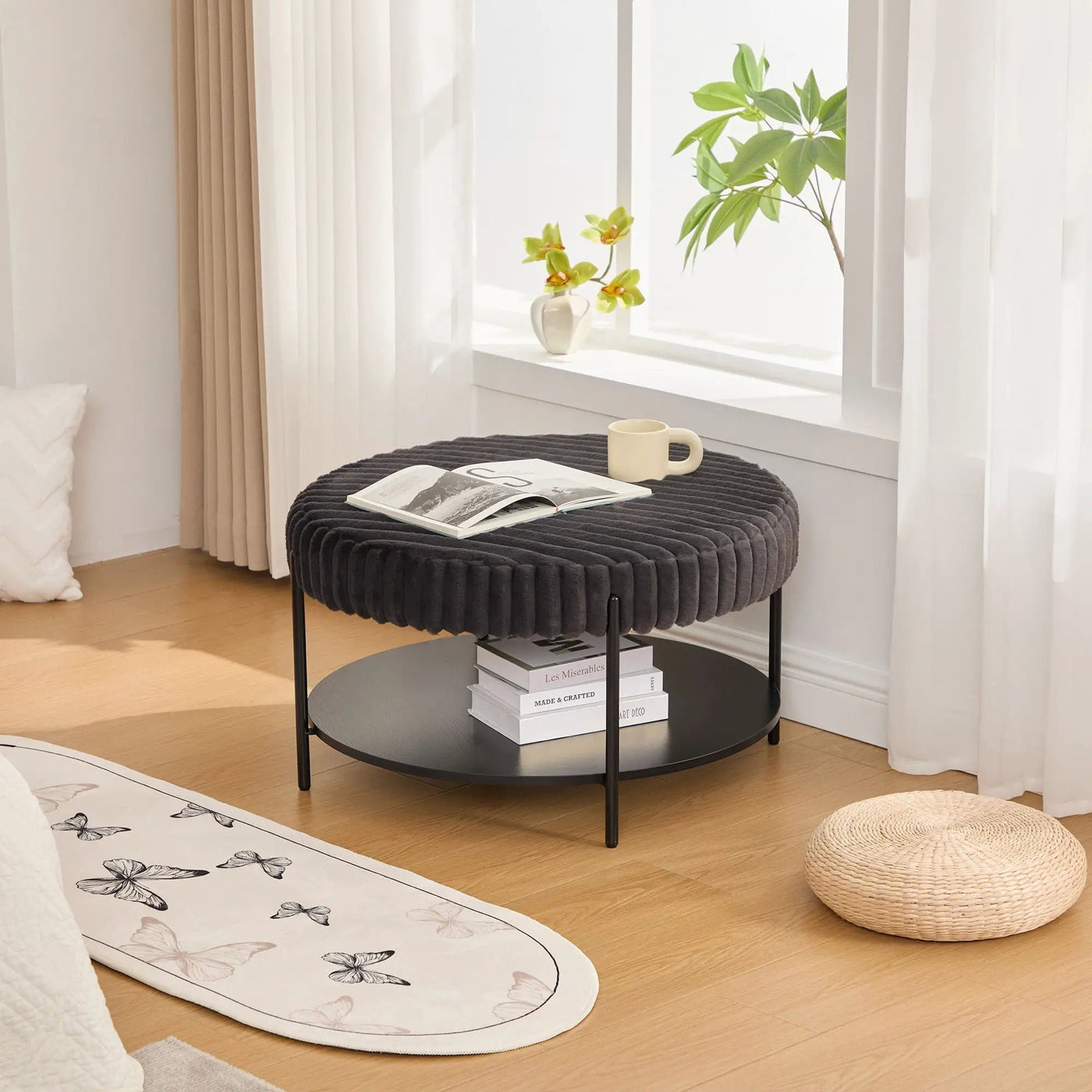Modern Upholstered Round Ottoman Coffee Table With Storage Shelf by HouseOfZazla