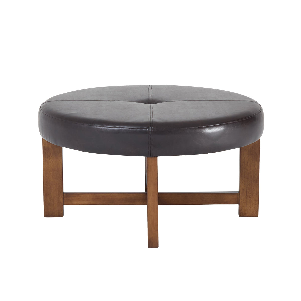 Round Leather Ottoman Coffee Table with Solid Wood Base, photo 9 of 10