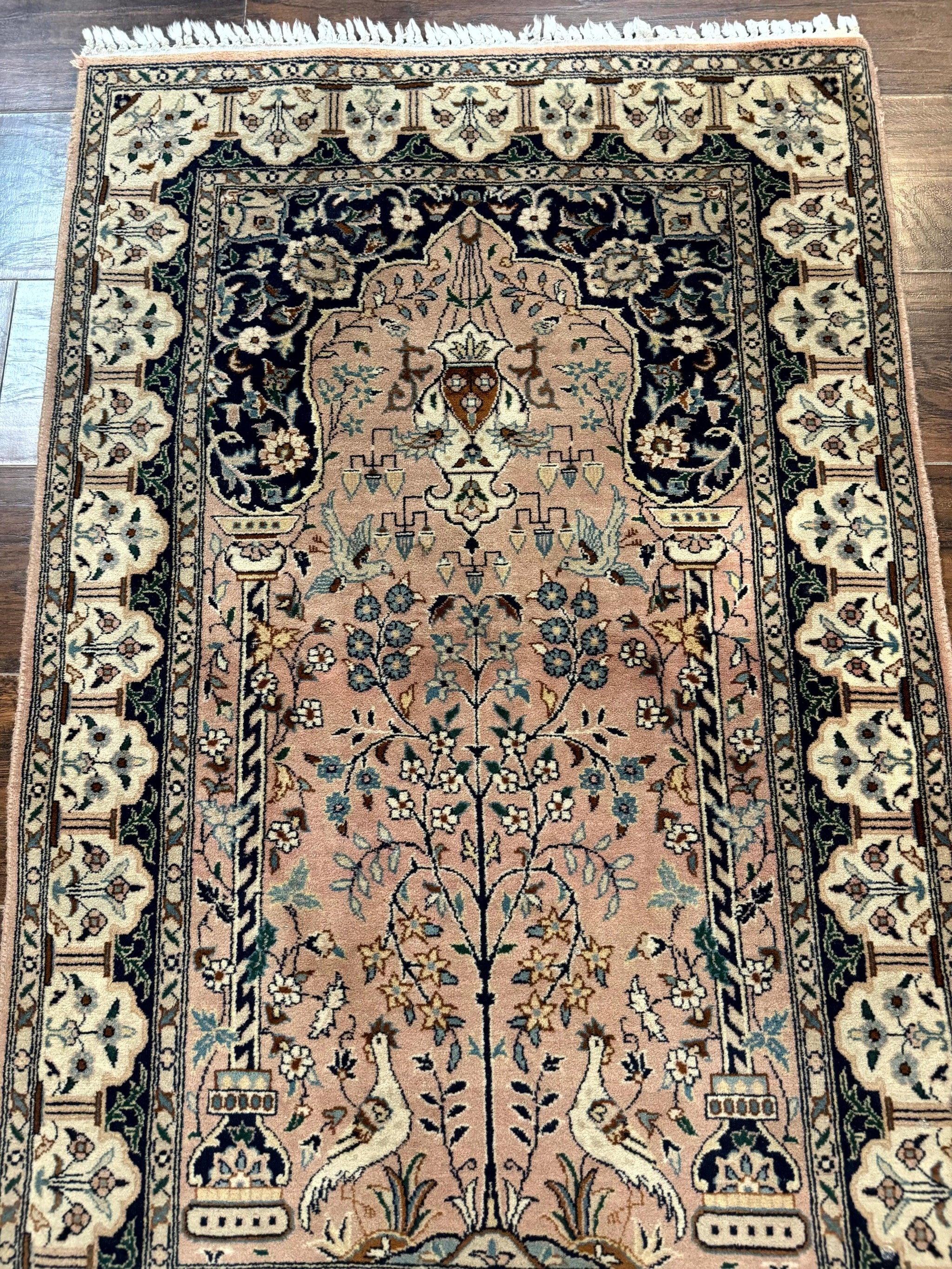 Small Tree of Life Prayer Rug, Pak Persian Rug 2.7 x 4, , Birds, Lantern, Handmade Vintage Fine 260 KPSI by Jewel Rugs