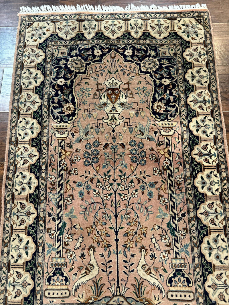 Small Tree of Life Prayer Rug, Pak Persian Rug 2.7 x 4, , Birds, Lantern, Handmade Vintage Fine 260 KPSI by Jewel Rugs
