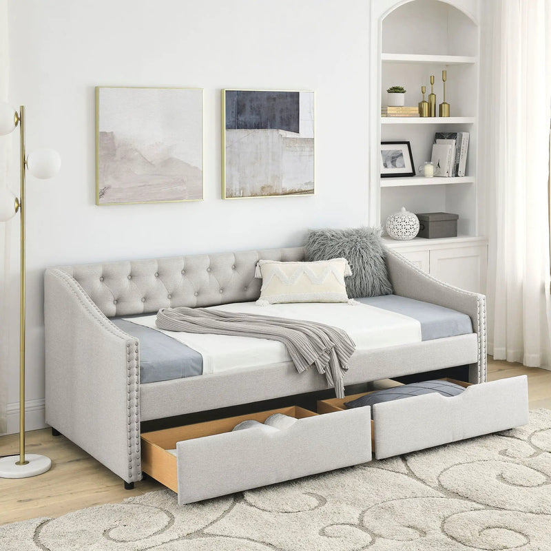 Upholstered Tufted Daybed With 2 Drawers, Waved Arms by Unique Piece Furniture
