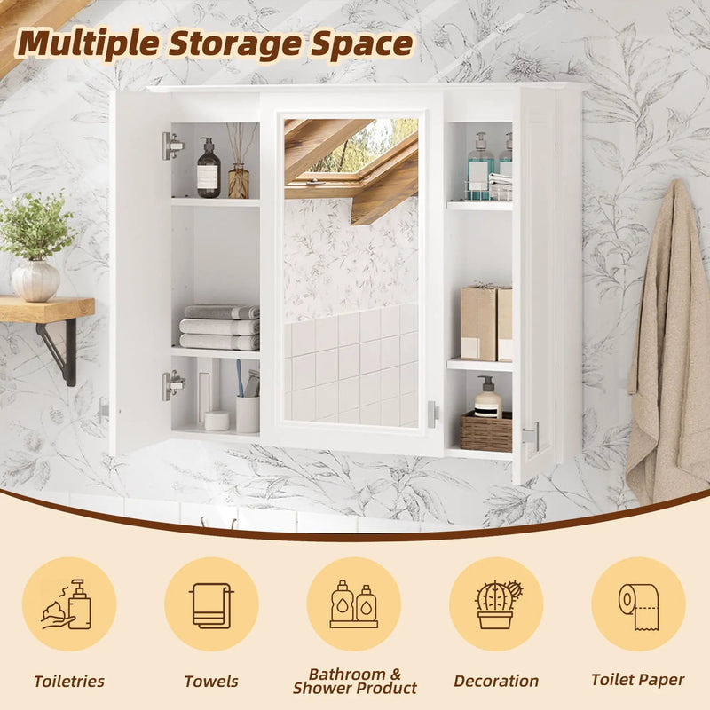 Wall Mounted Mirror Cabinet With 5 Adjustable Shelves, Rectangular Storage For Bathroom - White by HouseOfZazla