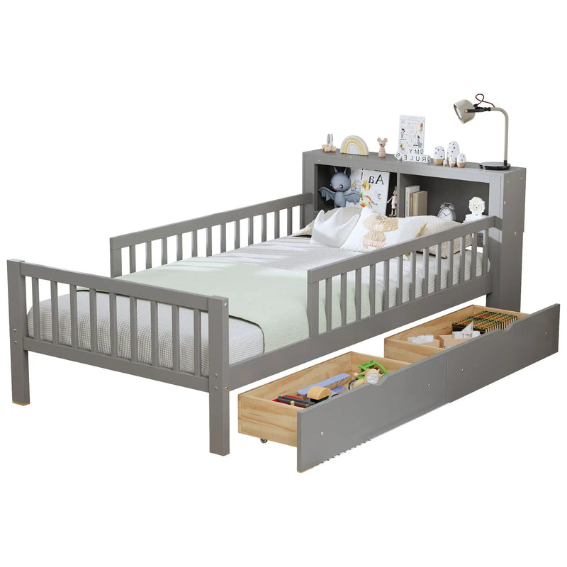 Bed With Headboard Storage Rack, 2 Under Bed Drawers, 3 Side Guardrails For Safety by HouseOfZazla