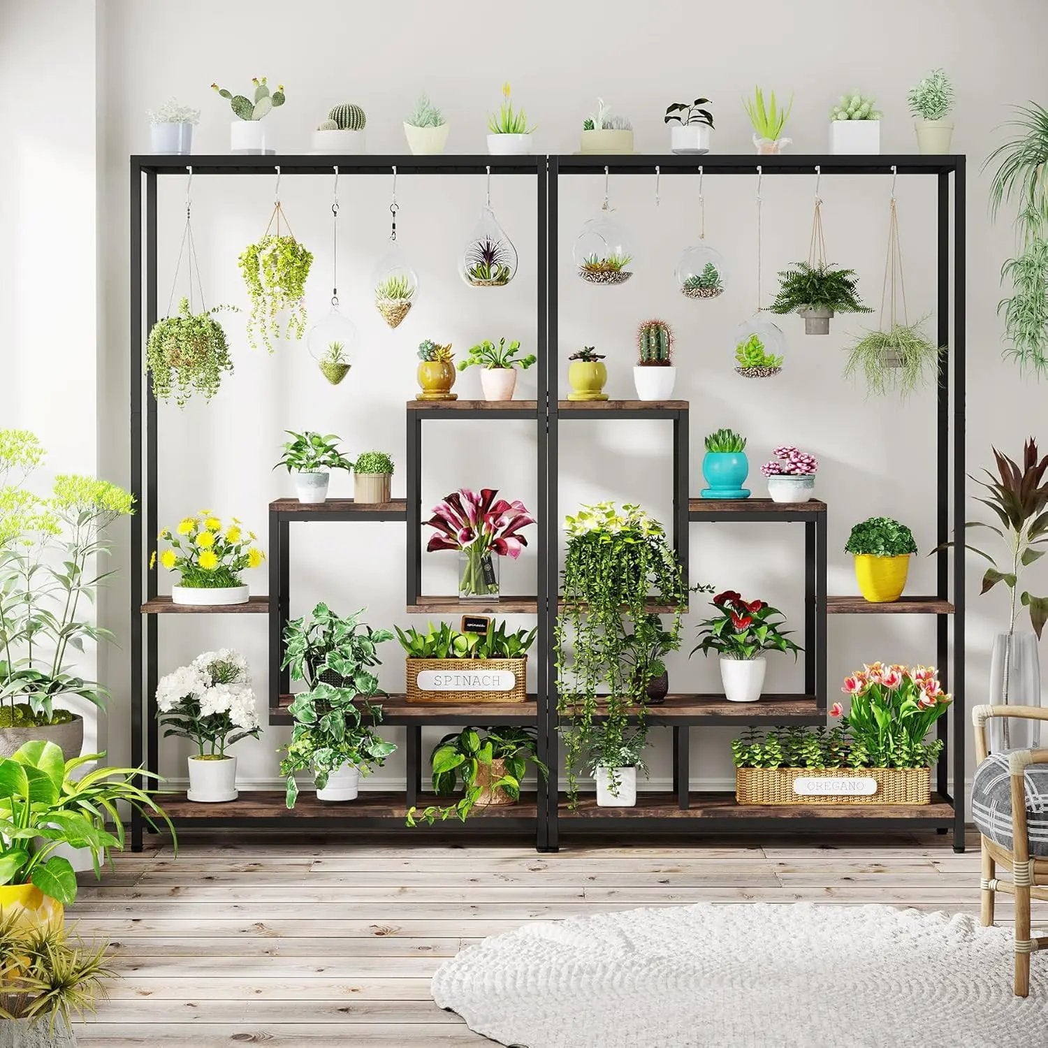 5 Tier Plant Stand With 6 Hooks For Living Room - Brown / Black by HouseOfZazla