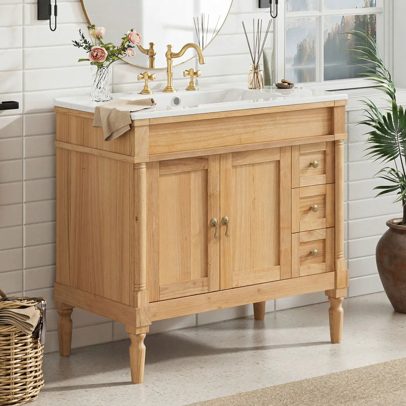 Modern Bathroom Vanity With Ceramic Sink, Soft Close Doors, Adjustable Shelves