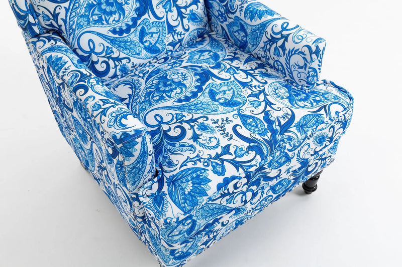Upholstered Accent Chair with Blue and White Porcelain Print Linen Fabric by HouseOfZazla