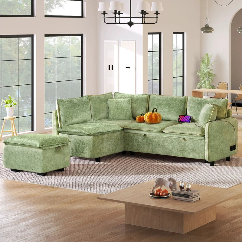 Convertible Sofa Bed Sectional Sofa Sleeper L-Shaped Sofa With A Storage Ottoman, Two Pillows, Two Power Sockets And Two USB Ports For Living Room by Unique Piece Furniture