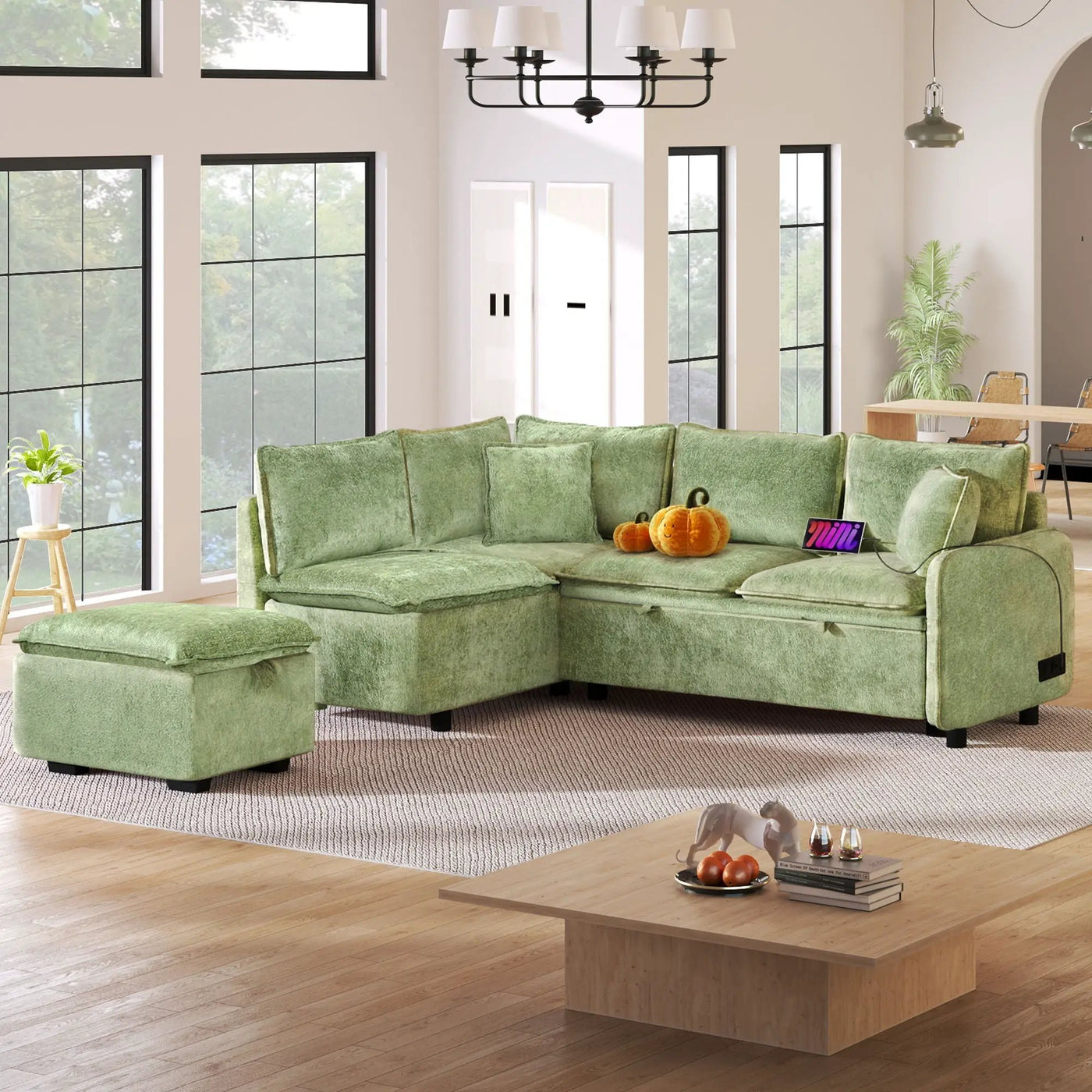 Convertible Sofa Bed Sectional Sofa Sleeper L-Shaped Sofa With A Storage Ottoman, Two Pillows, Two Power Sockets And Two USB Ports For Living Room by HouseOfZazla