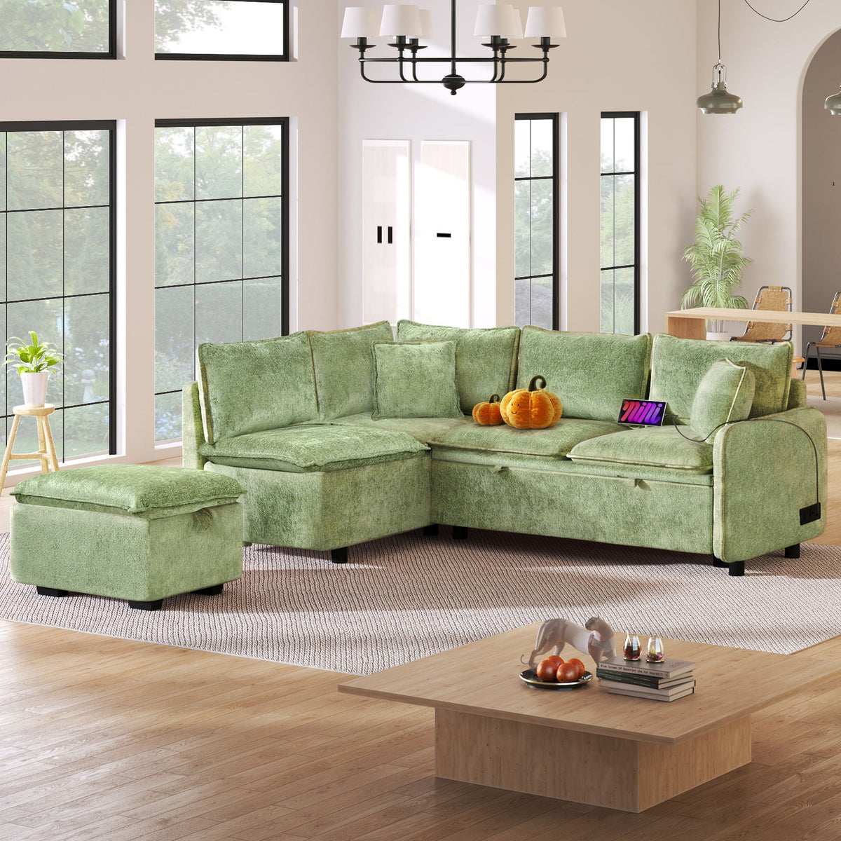 Convertible Sofa Bed Sectional with Storage Ottoman and Charging Ports - Green or Orange, photo 34 of 40