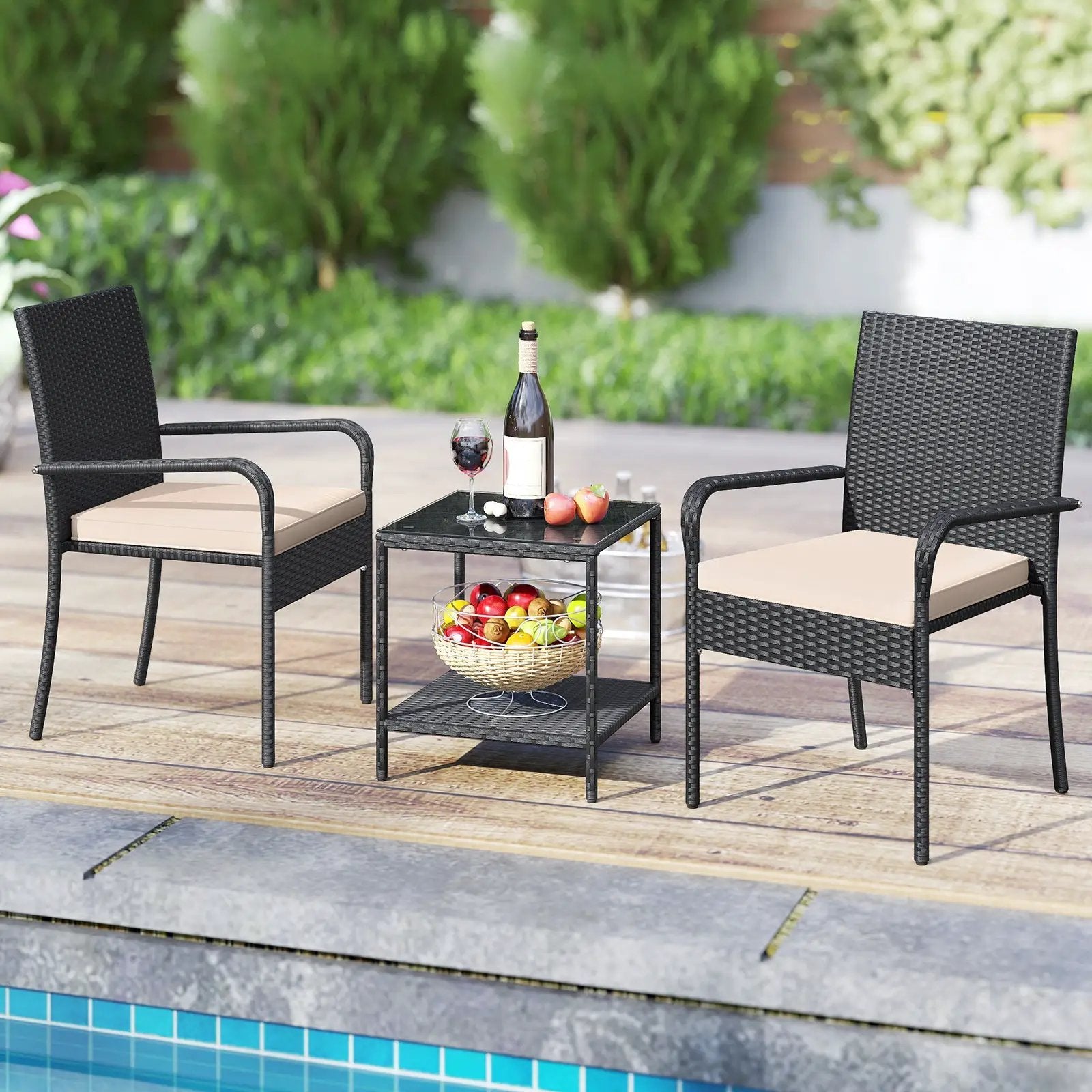 3 Piece Patio Furniture Set with Seat Cushions and Tempered Glass Tabletop by DirectDeals