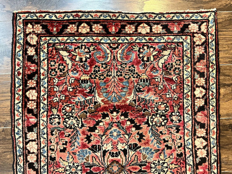 Small Antique Persian Rug 2.6 x 4, Red Floral Handmade 1920s Wool Rug, Persian Hamadan Lilian Rug by Jewel Rugs