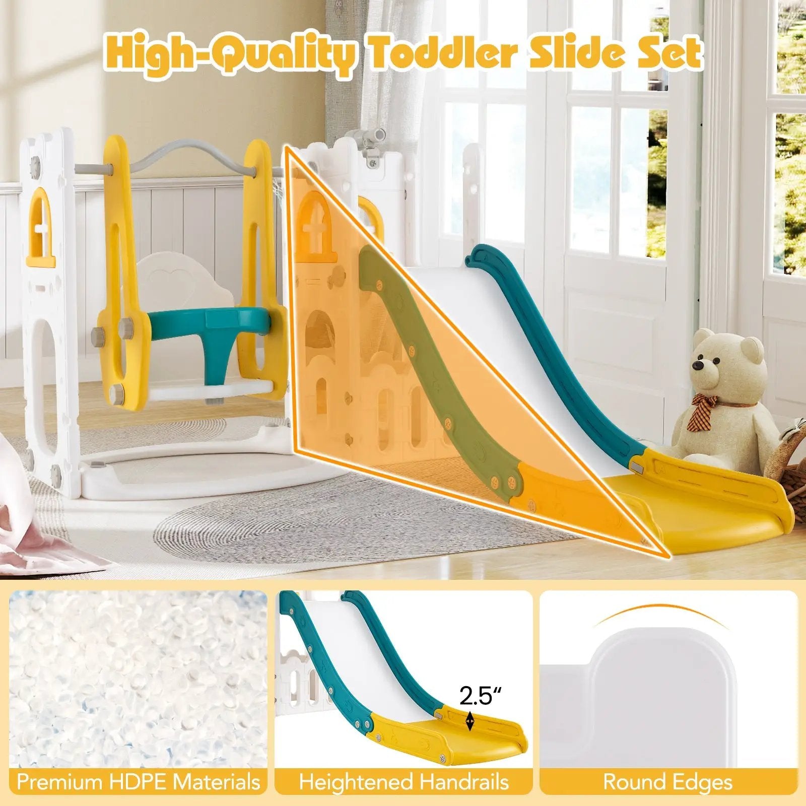 7-in-1 Toddler Swing and Slide Set L-shaped with Ladder and Basketball Hoop by DirectDeals