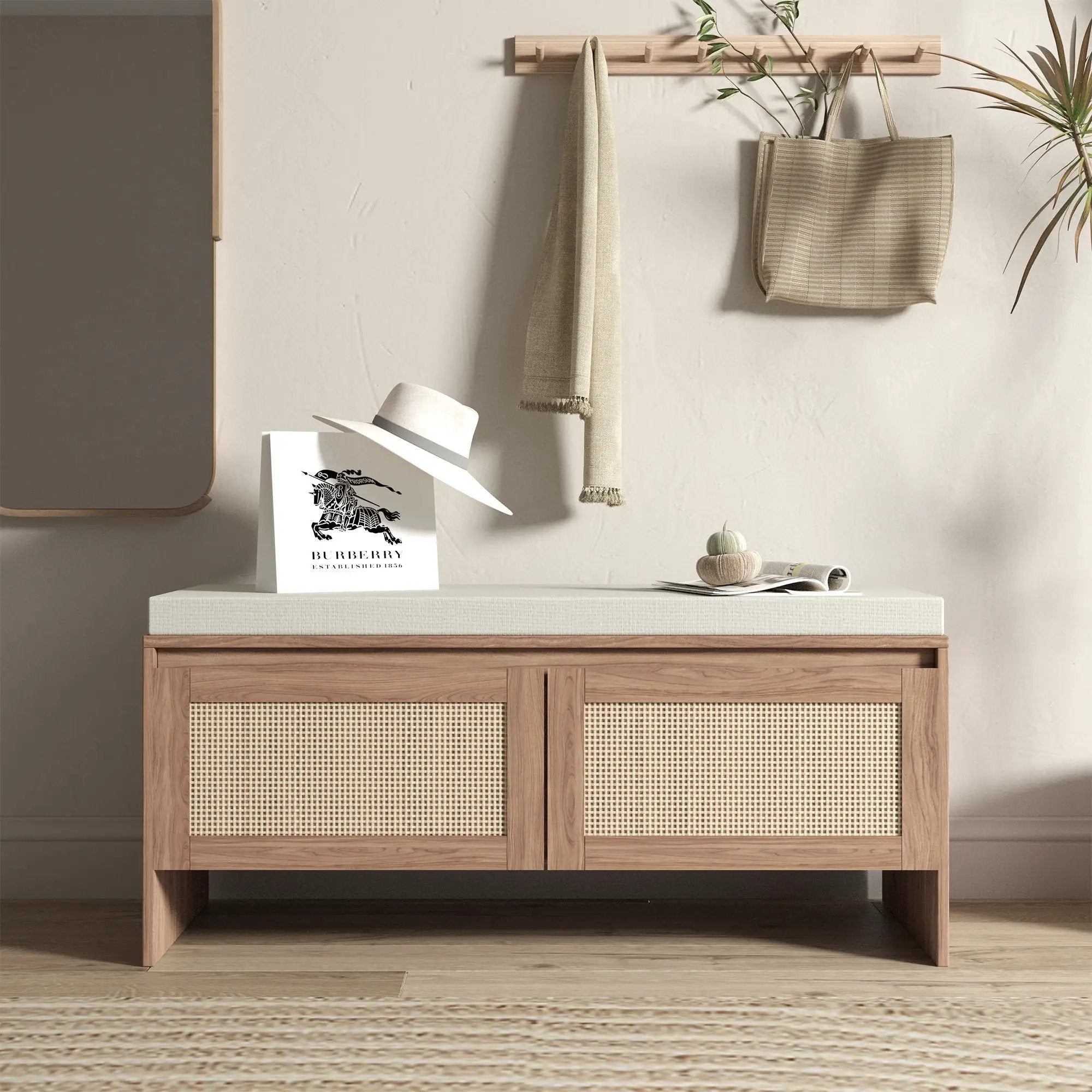 Storage Bench With Cushion, Shoe Cabinet With 2 Doors - Antique Natural / Rattan by Unique Piece Furniture