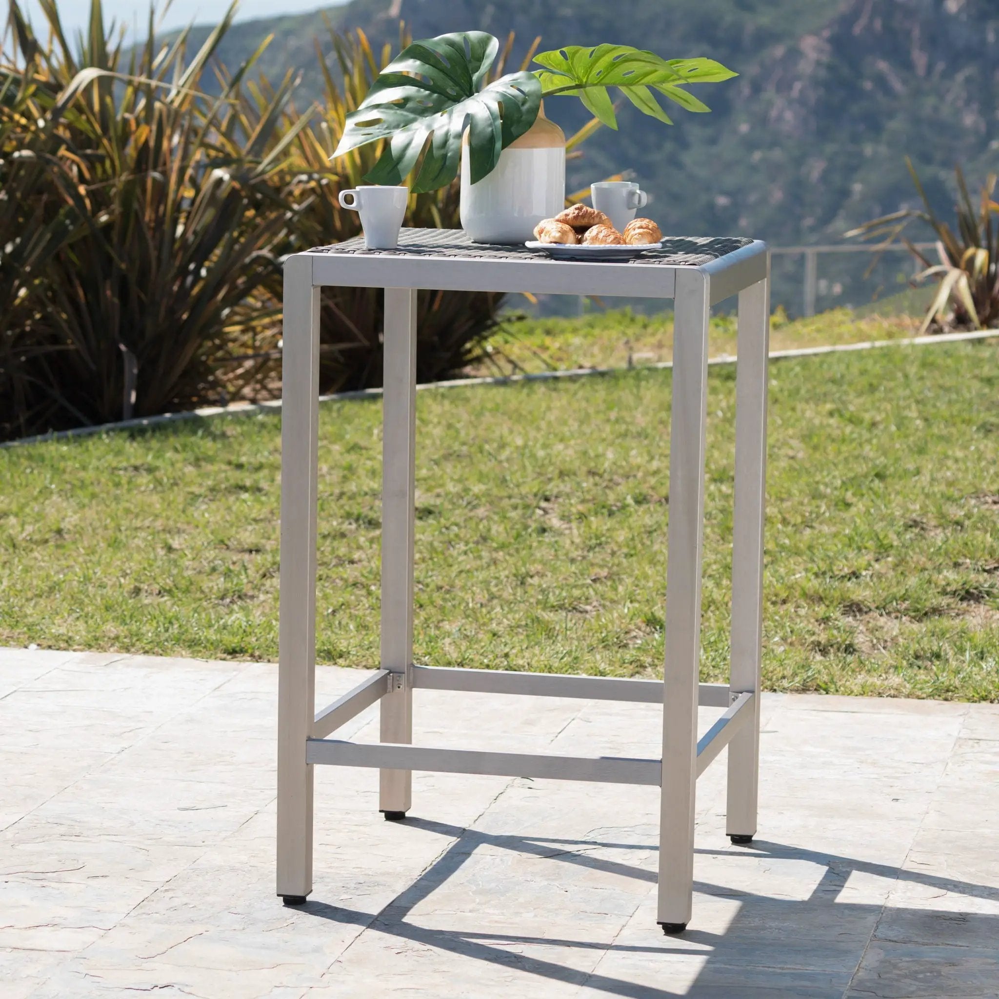 Outdoor 43" Aluminum Bar Table With Rattan Table Top - Gray / Silver by HouseOfZazla