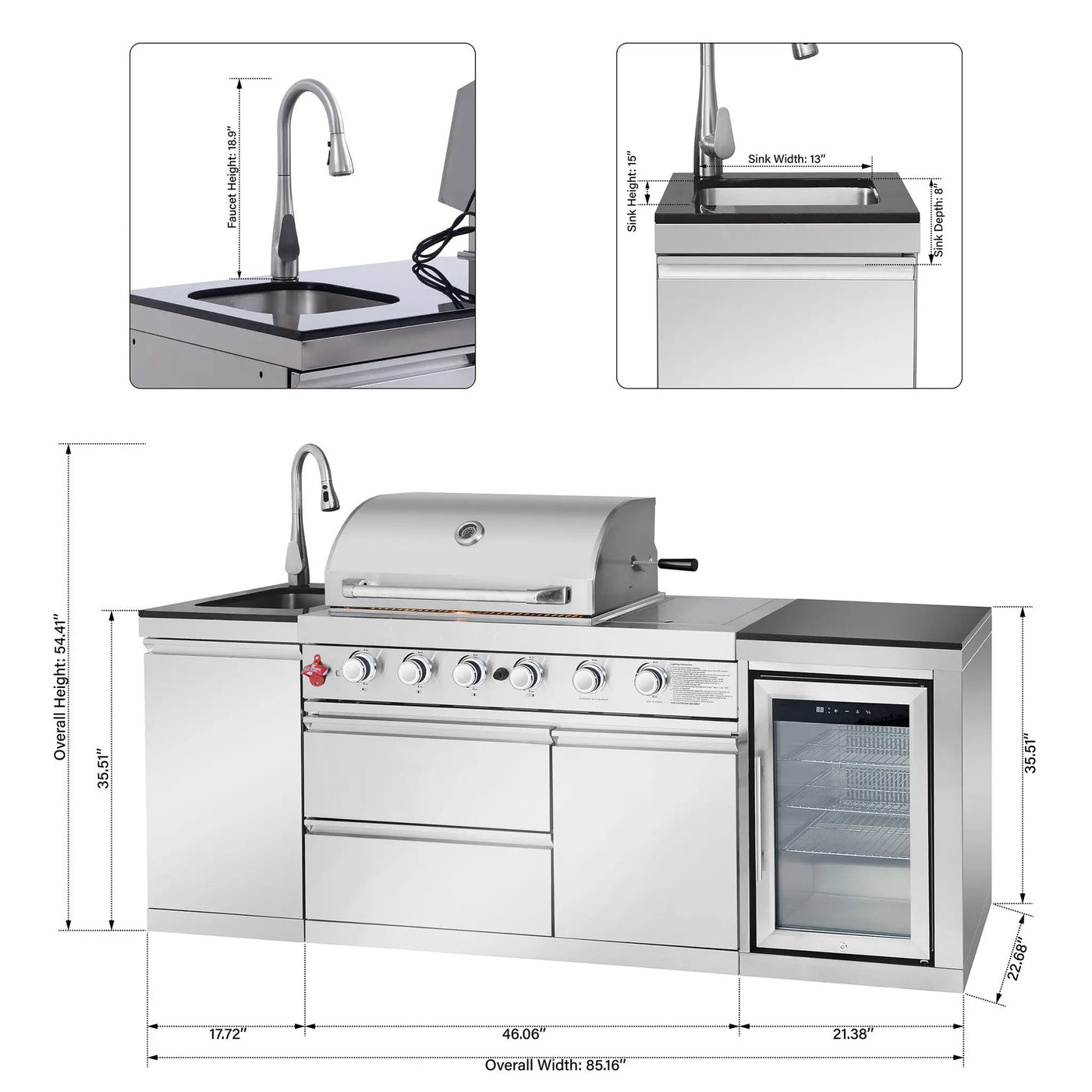 Outdoor Kitchen Island 85.2 Inch 4+1 Burner Propane Gas BBQ Grill 71500 BTU 304 Stainless Steel by HouseOfZazla