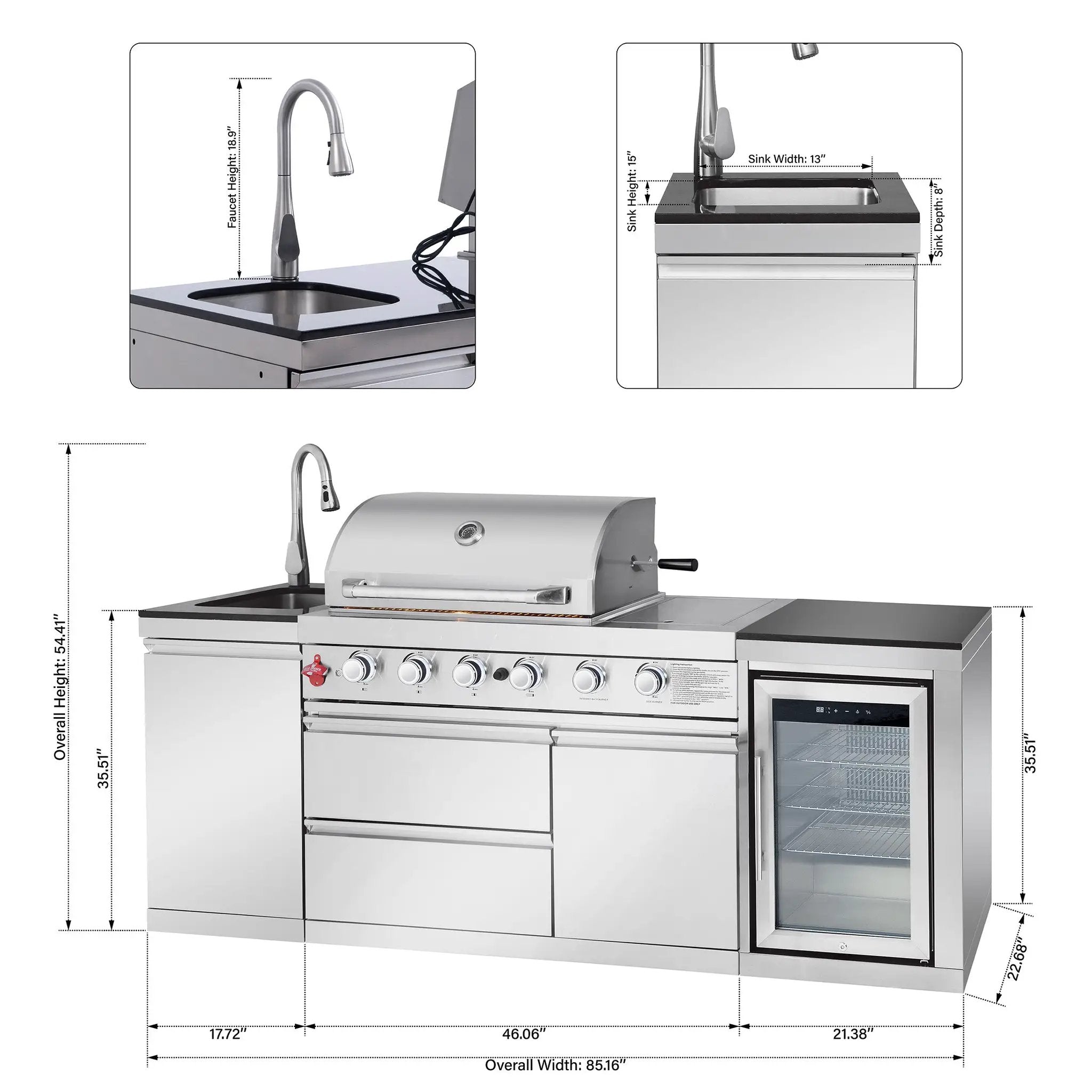 Outdoor Kitchen Island 85.2 Inch 4+1 Burner Propane Gas BBQ Grill 71500 BTU 304 Stainless Steel by HouseOfZazla