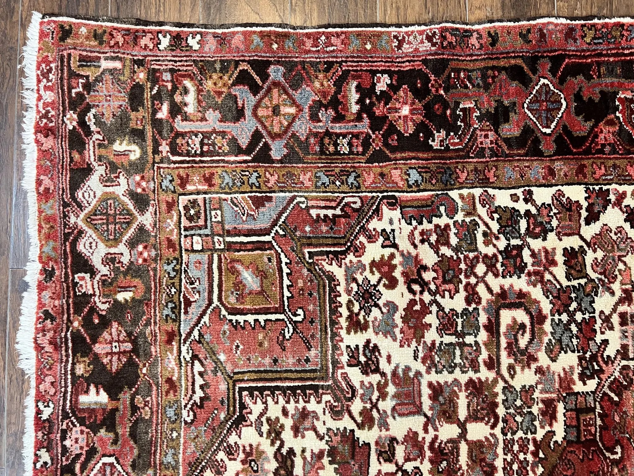 Large Persian Heriz Rug 10x13, Red and Cream Geometric Tribal Room Sized Handmade Wool Hand Knotted Semi Antique Decorative Oriental Carpet by Jewel Rugs