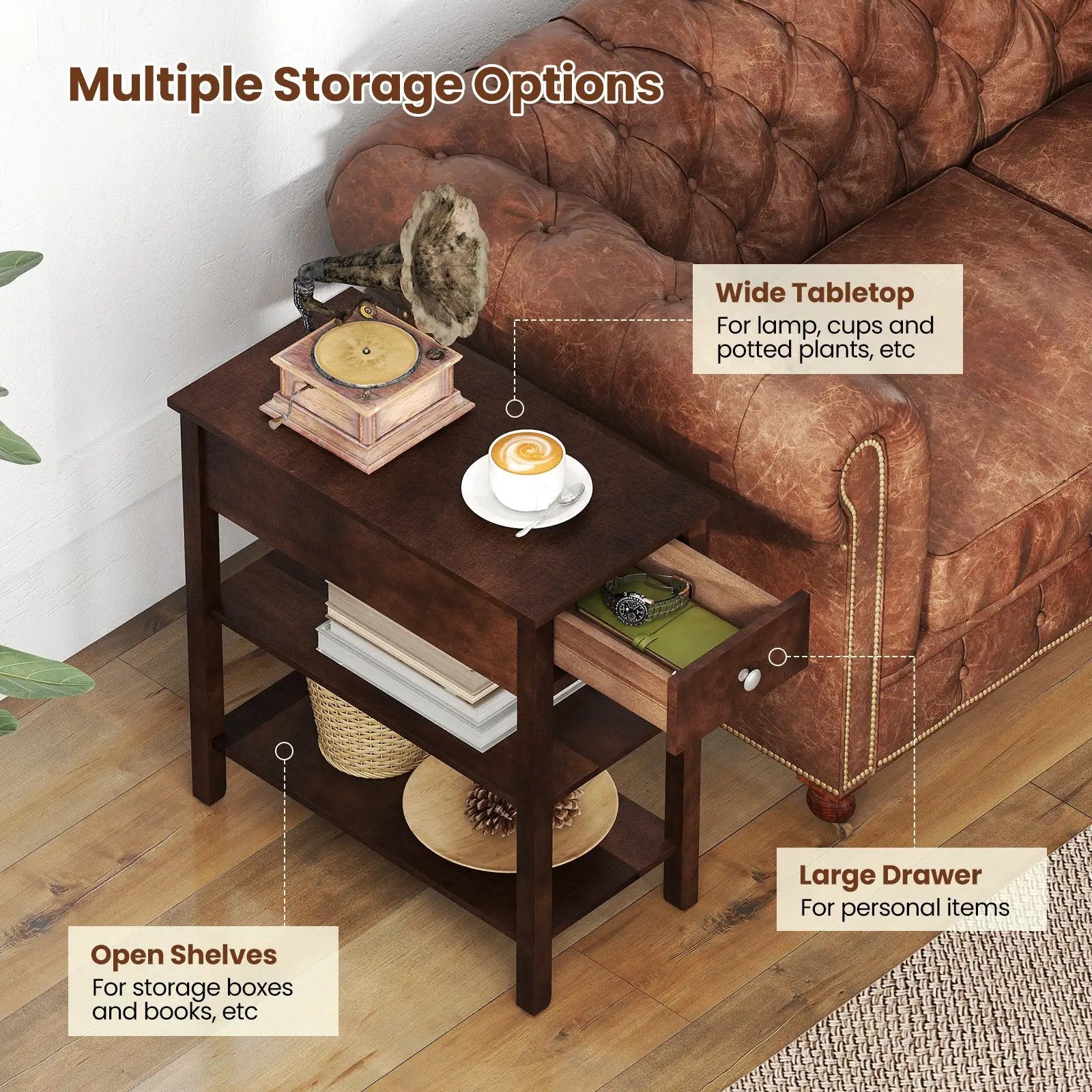 3-Tier Narrow End Table with Drawer and Storage Shelves by DirectDeals