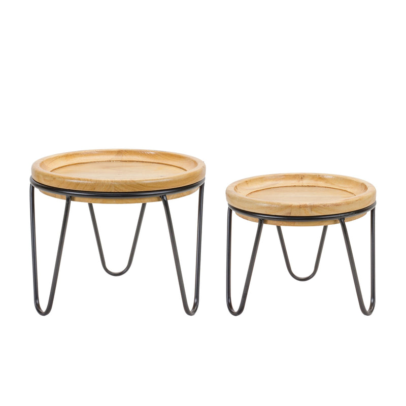 Natural wood pedestal tray (set of 2)