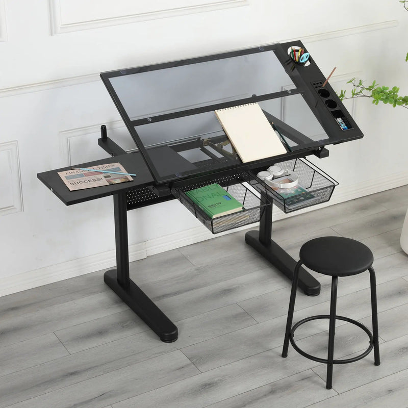 Hand Crank Adjustable Drafting Table Drawing Desk With 2 Metal Drawers With Stool by Unique Piece Furniture