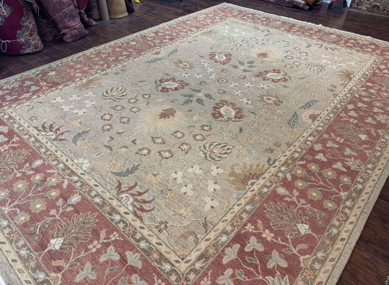 Large Turkish Soumak Rug 10x14, Flatweave Dhurrie, Handmade, Light Green and Salmon by Jewel Rugs