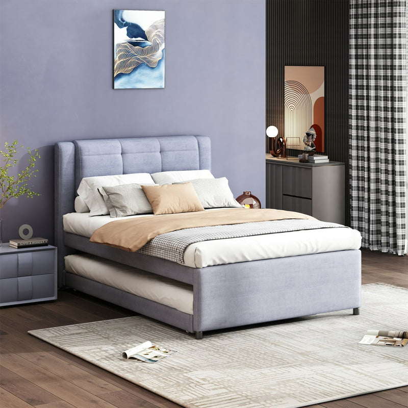 Upholstery Platform Bed With Trundle, Trundle Can Be Flat Or Erected by HouseOfZazla