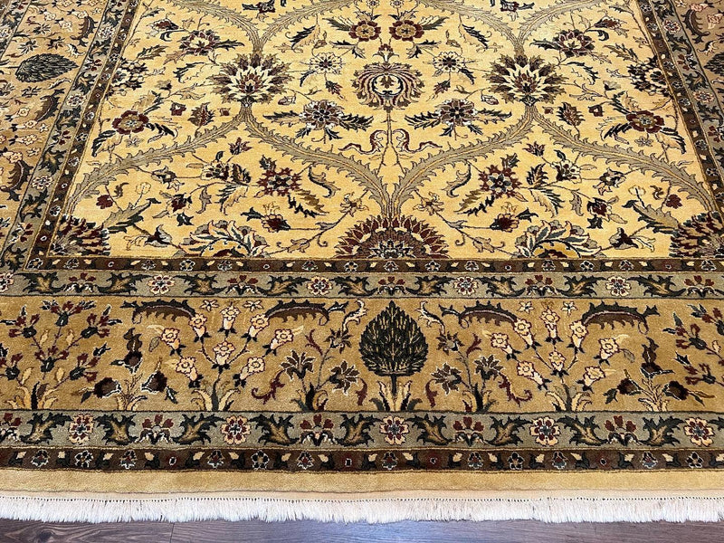 Indo Persian Mahal Rug 10x14, Wool Hand Knotted Oriental Carpet, Cream Floral Allover, Vintage Area Rug 10 x 14, Traditional Rug, Handmade by Jewel Rugs