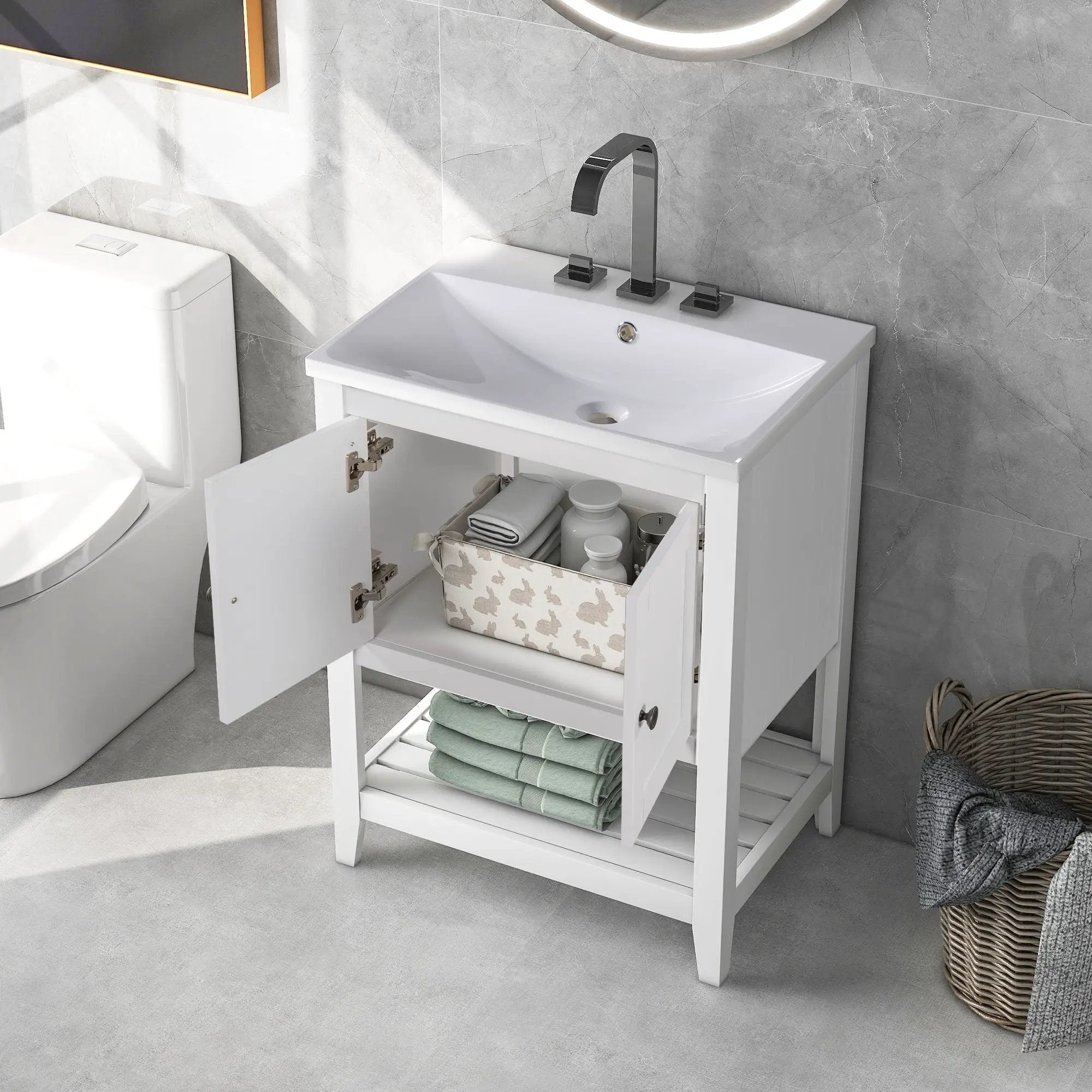 Modern Sleek Bathroom Vanity Elegant Ceramic Sink With Solid Wood Frame Open Style Shelf - White by Unique Piece Furniture