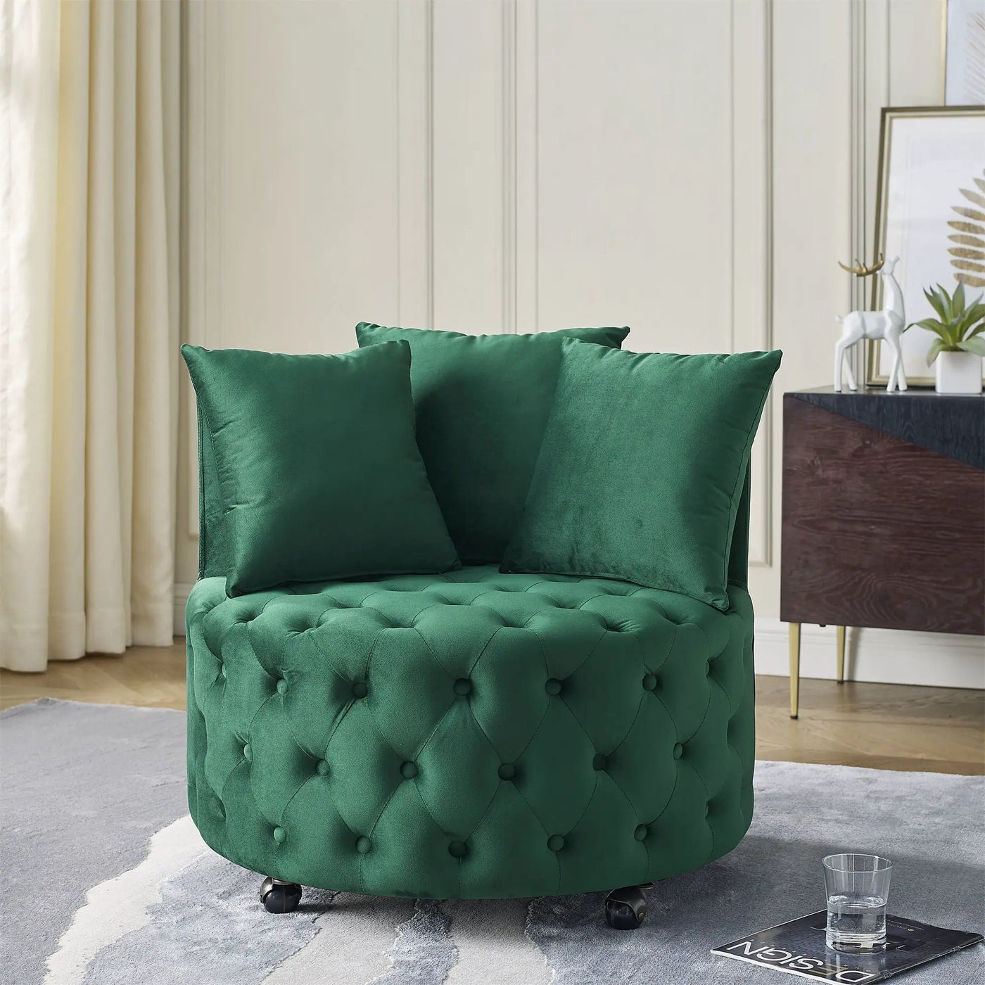 Modern Upholstered Swivel Chair With Button Tufted Design And Movable Wheels by HouseOfZazla