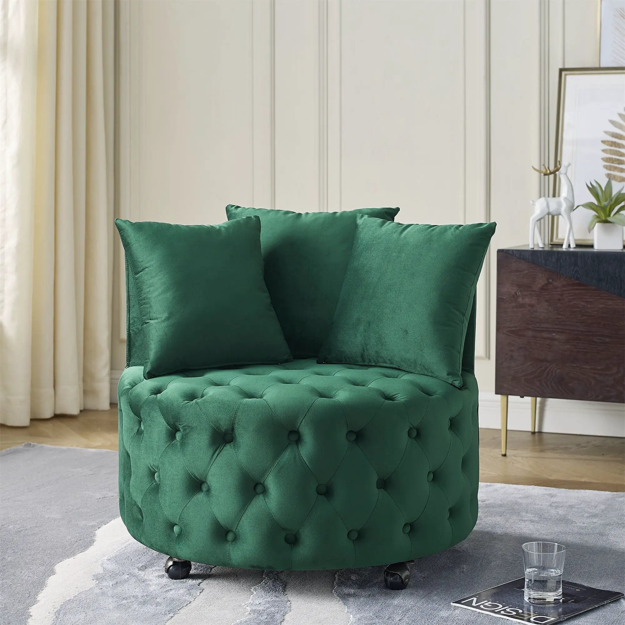 Modern Upholstered Swivel Chair With Button Tufted Design And Movable Wheels by Unique Piece Furniture