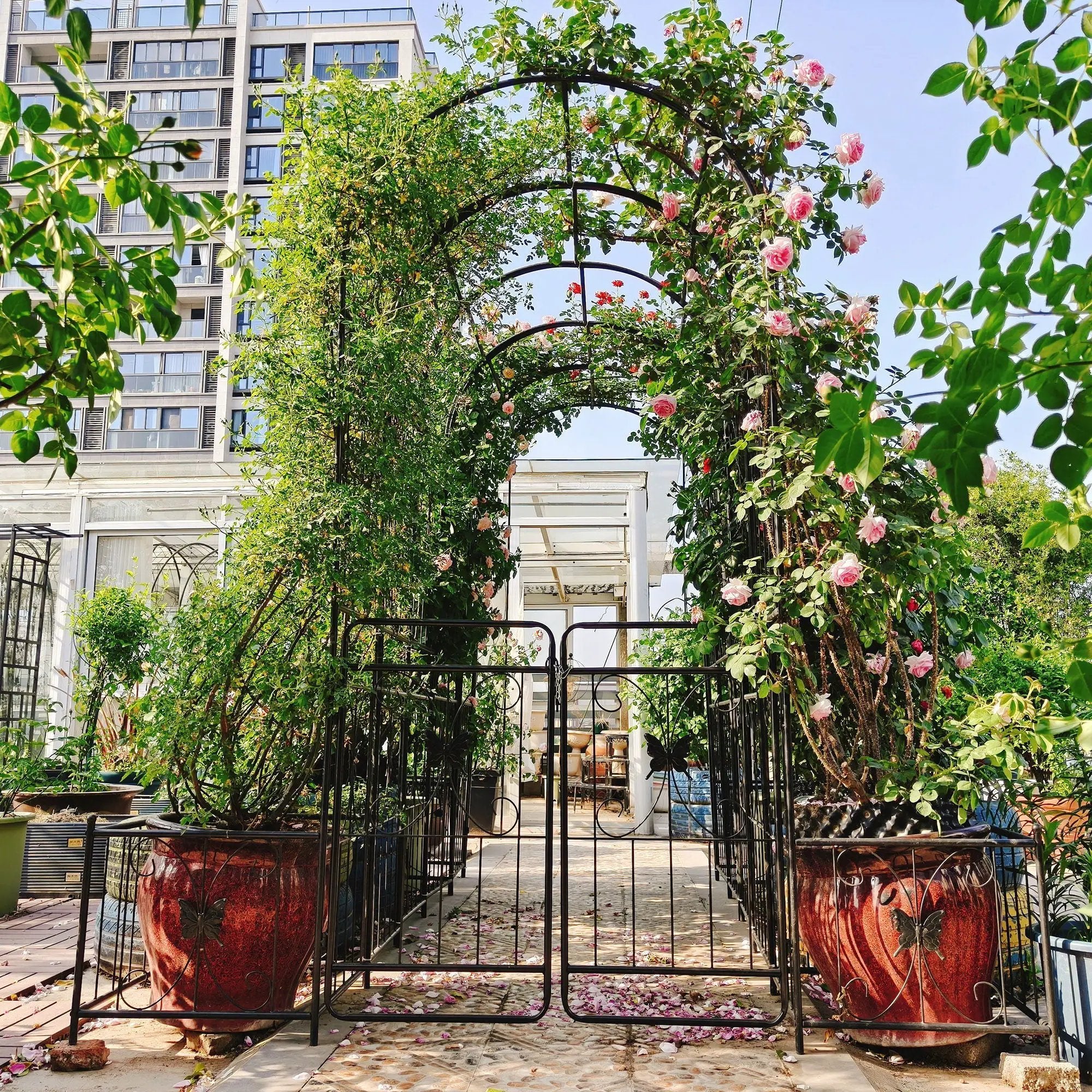 Metal Garden Arch With Gate High Climbing Plants Support Rose Arch Outdoor - Black by HouseOfZazla