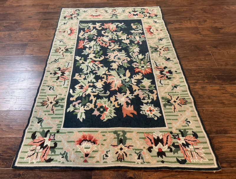 Vintage American Needlepoint Rug 4x6, Dark Green, Wool, Handmade, Flatweave Carpet by Jewel Rugs