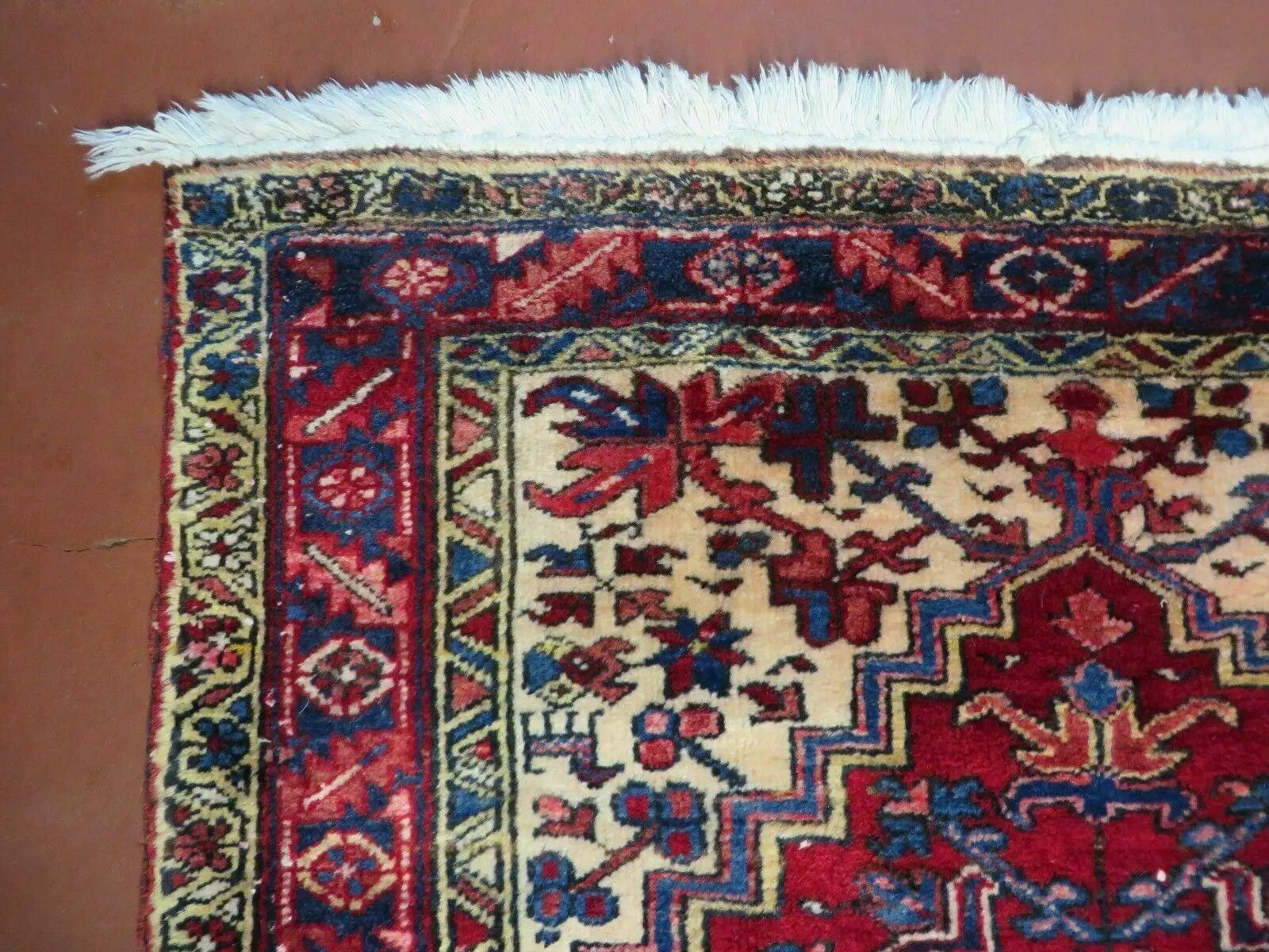 Persian Runner Rug, Heriz Runner Rug, Geometric Medallions, Red Cream Navy Blue Wool Hallway Rug 3.9 x 10.8 Antique Oriental Runner Handmade by Jewel Rugs