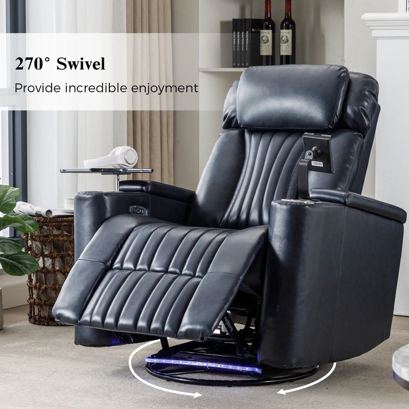 270° Power Swivel Recliner Home Theater Chair With Hidden Arm Storage, LED Light, Cup Holder, And Tray Table by HouseOfZazla
