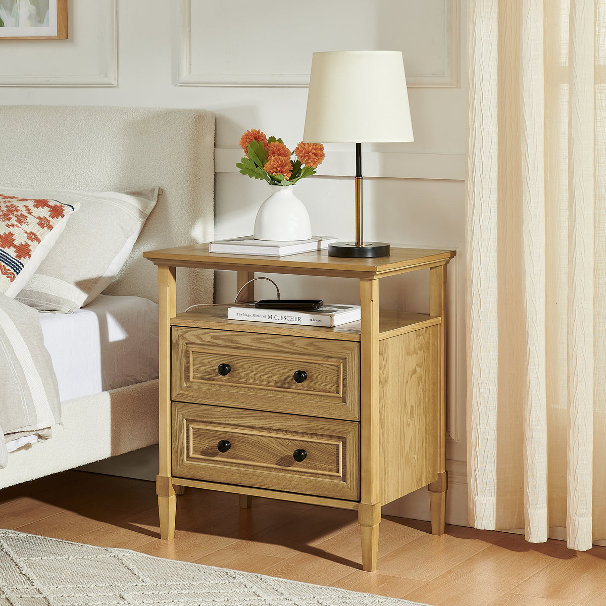 Wooden Bedside Nightstand with Open Cubby & 2 Storage Drawers - Bedroom Cabinet