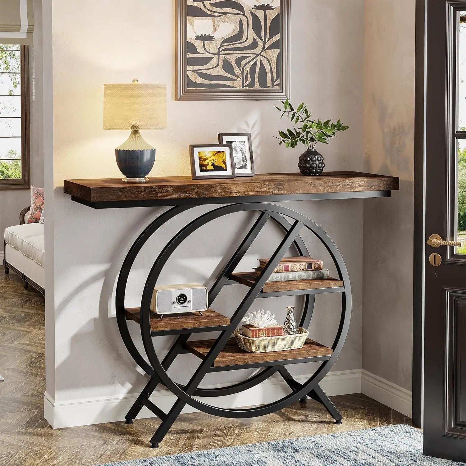 4 Tier Entryway Console Table With Geometric Circle Frame & Storage Shelves - Rustic Brown