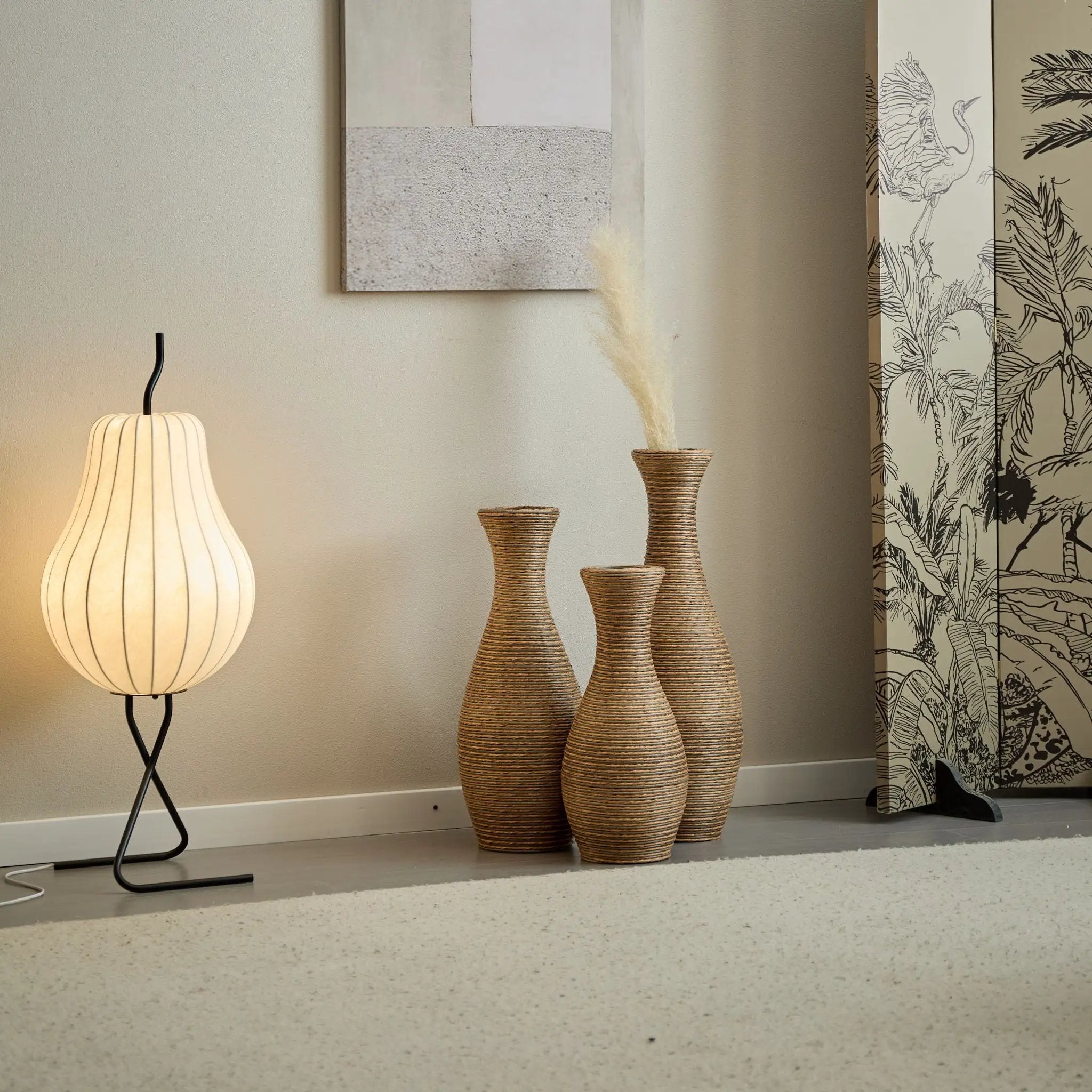 3 Piece Artificial Rattan Floor Vase Set Decorative Accent For Living Room, Hallway & Entryway, Ideal For Dried Or Silk Flower Arrangements - Beige by HouseOfZazla