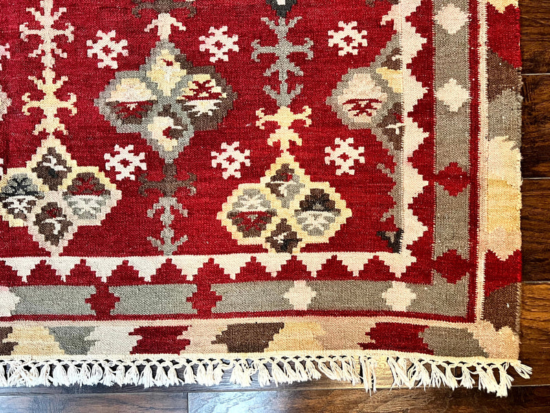 Indian Kilim Rug 6x6, Square Kilim Flatweave Carpet, Vintage Handmade Wool Rug, Red by Jewel Rugs