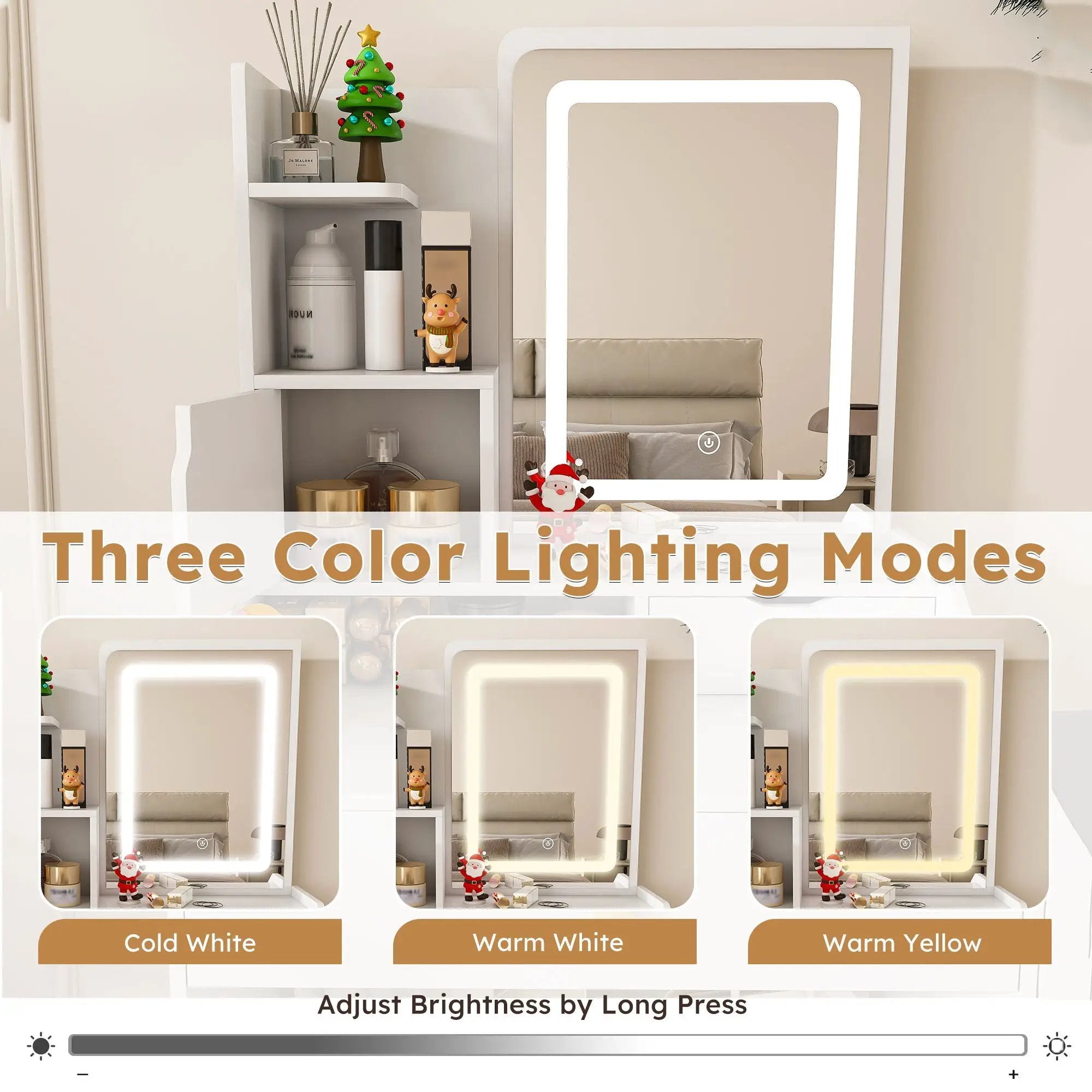 3 Color LED Vanity Mirror With Stool, Dressing Table For Bedroom, 2 Drawers & 5 Storage Cabinets (4 Open + 1 Hidden), Adjustable Lighting - White by Unique Piece Furniture