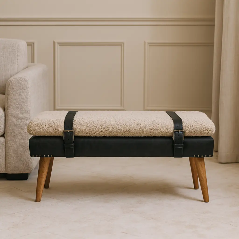 Boucle x Leather Upholstered Bench, Nordic Legs by HouseOfZazla